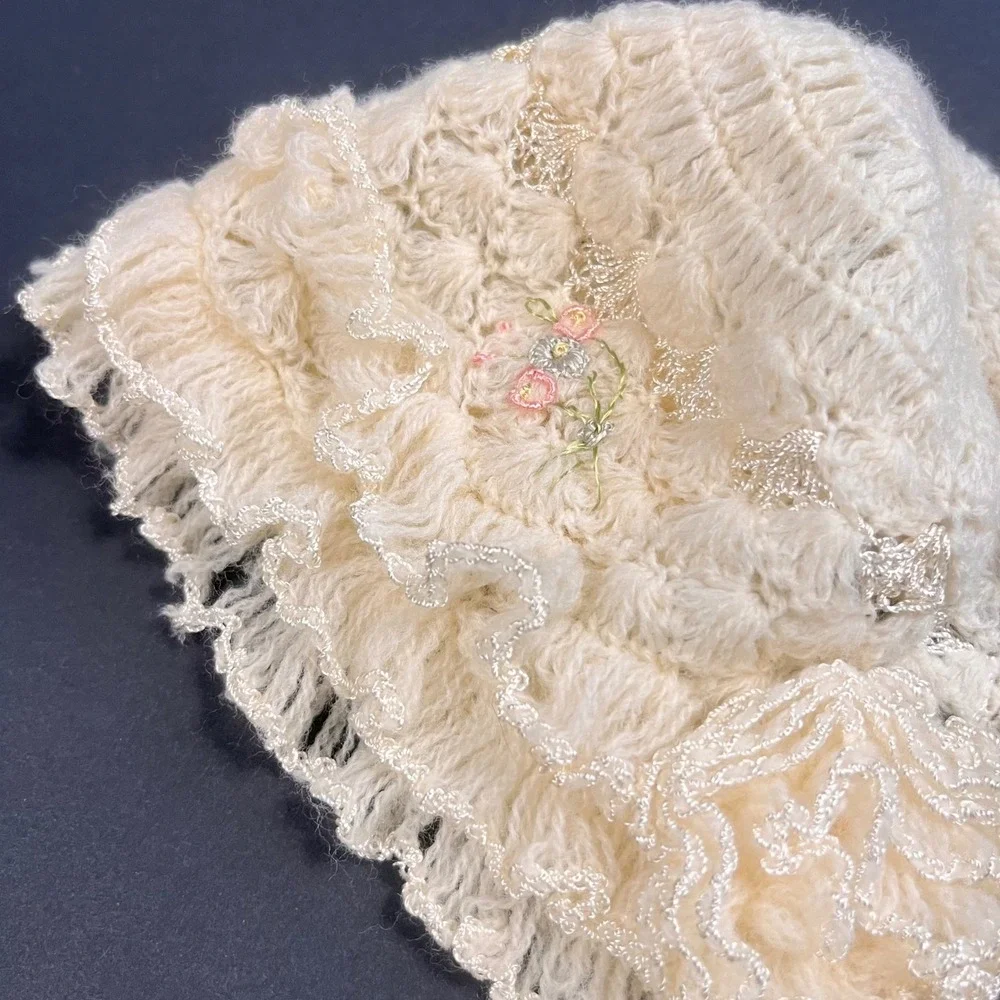 Vtg Mid Century Crochet Baby Bonnet Floral Embroidery Lace Ruffle Pom Pom Ties